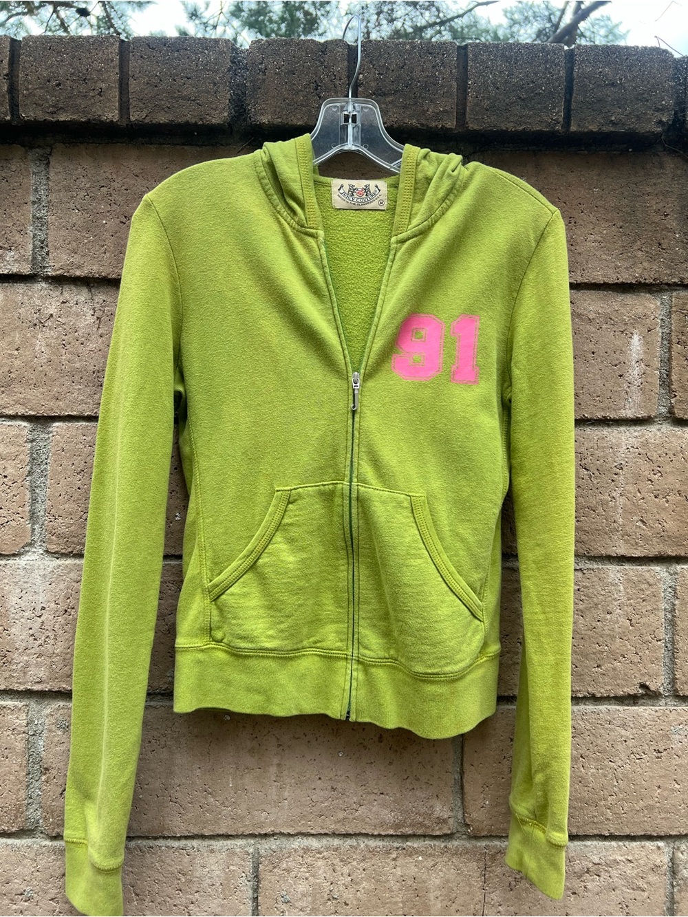 Juicy Couture Lime Green Zip Hoodie with Pink '91' Graphic